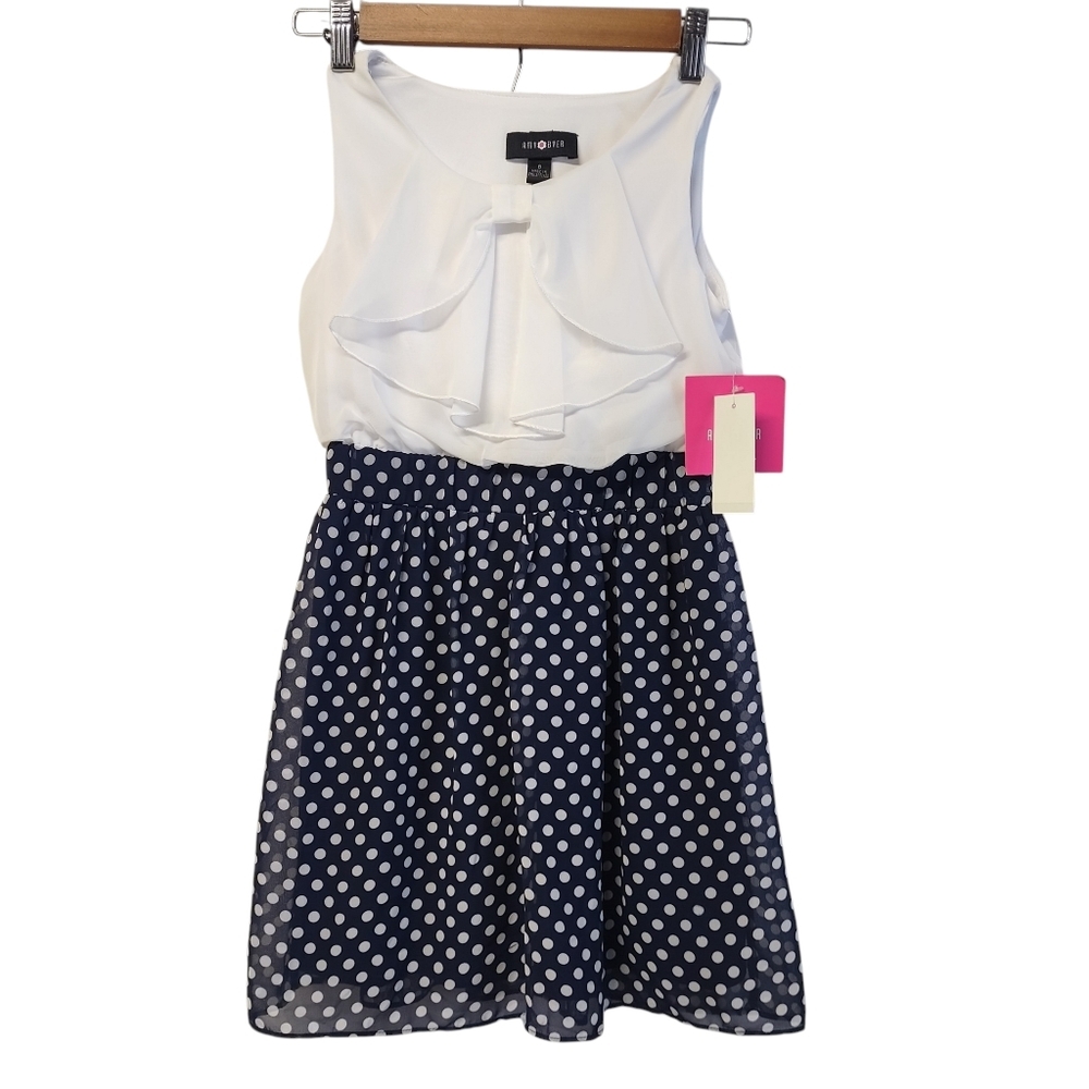 Amy Byer Girls Size 8 Navy Blue White Polka Dot Cold Shoulder Tiered Dress NWT